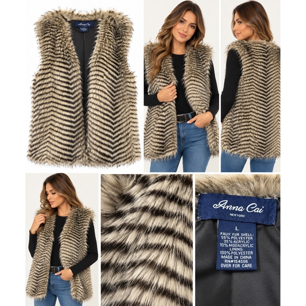 B- 77- Anna Cai New York Faux Fur Chevron Vest Brown Tan Black Large NWT